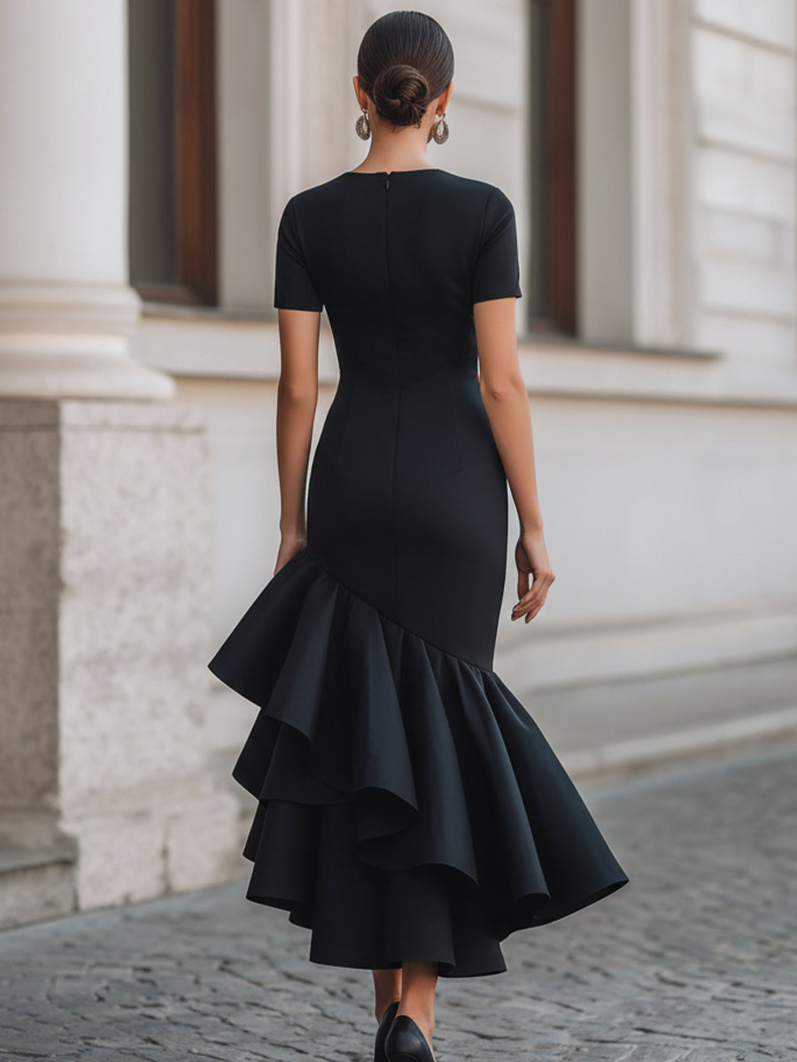 Asymmetric Ruffle Hem Midi Dress Women High Neck Short Sleeve