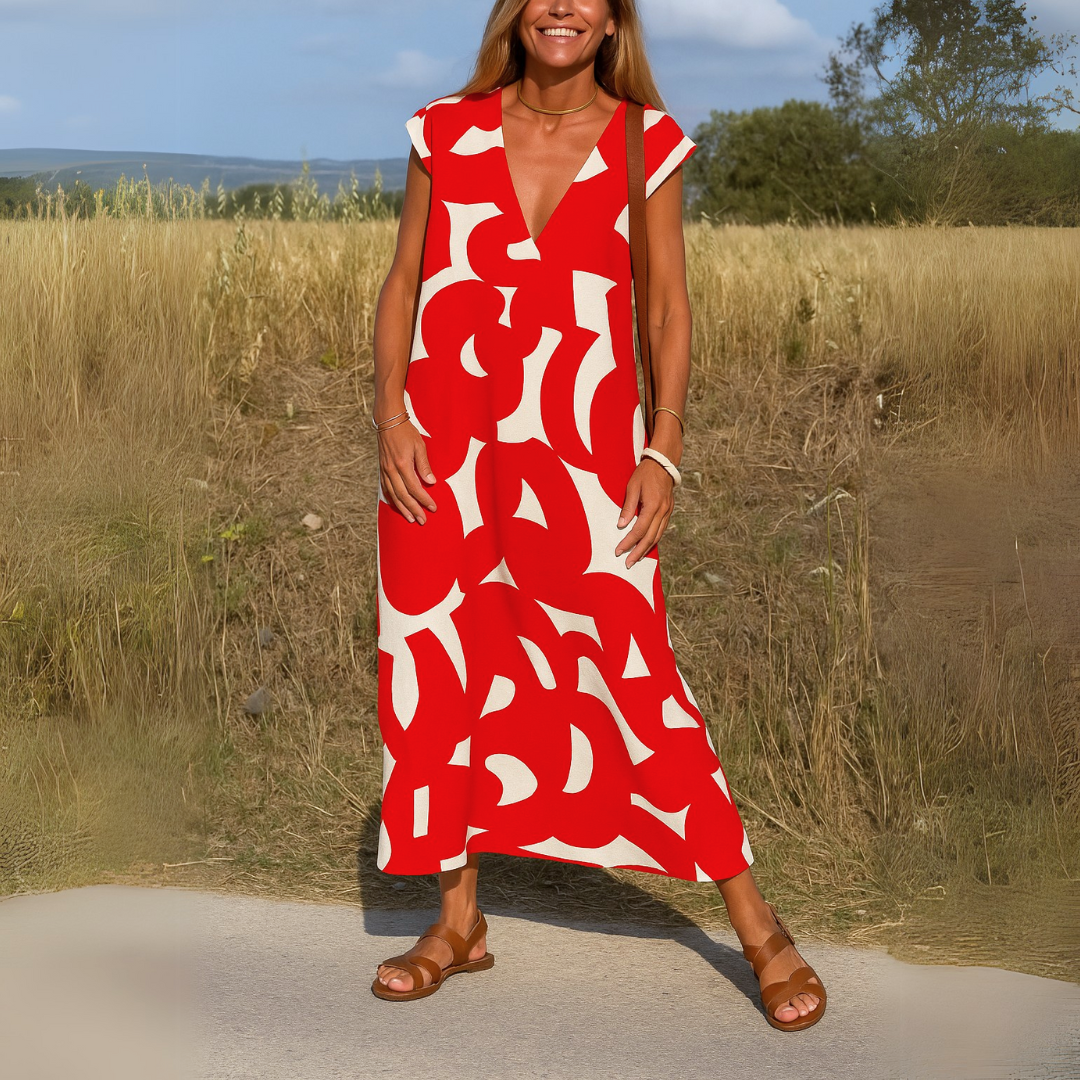 Women’s Black & White Abstract Print Maxi Dress – Flowy V-Neck Summer Dress