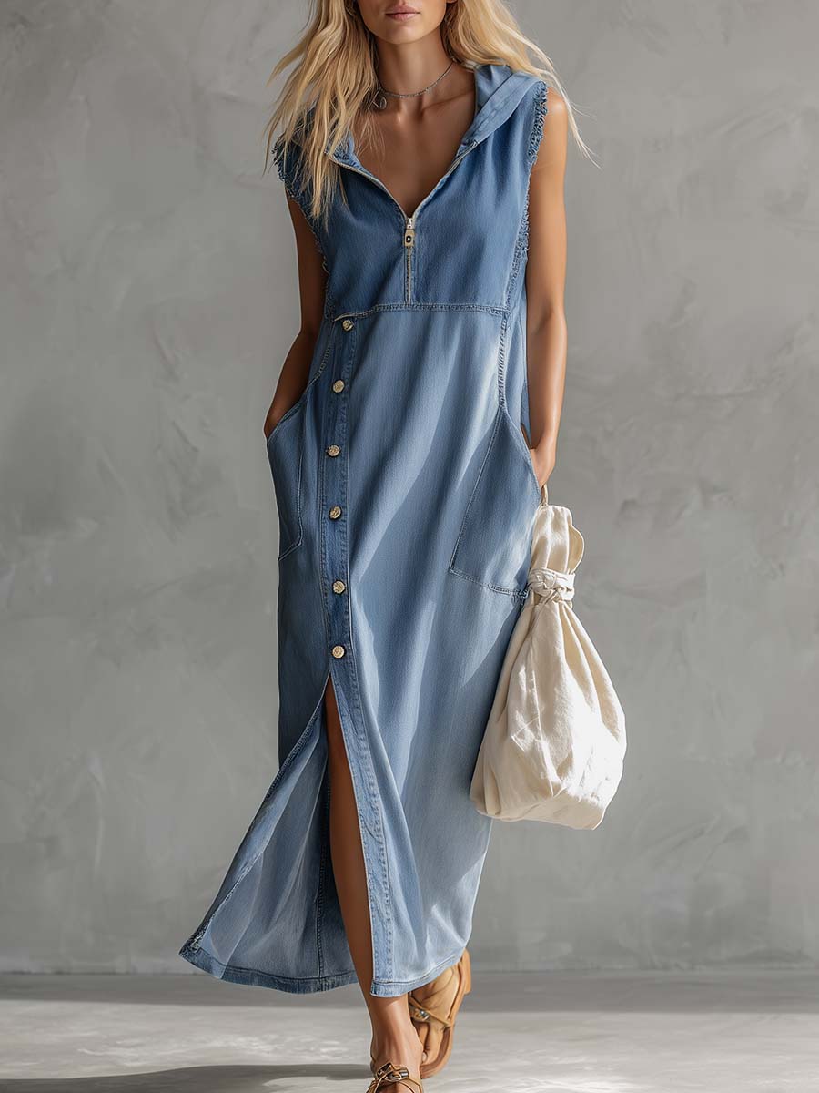 Exquisite Vintage Casual Hooded V-neck Zipper Side Slits Buttons Blue Denim Midi Dress