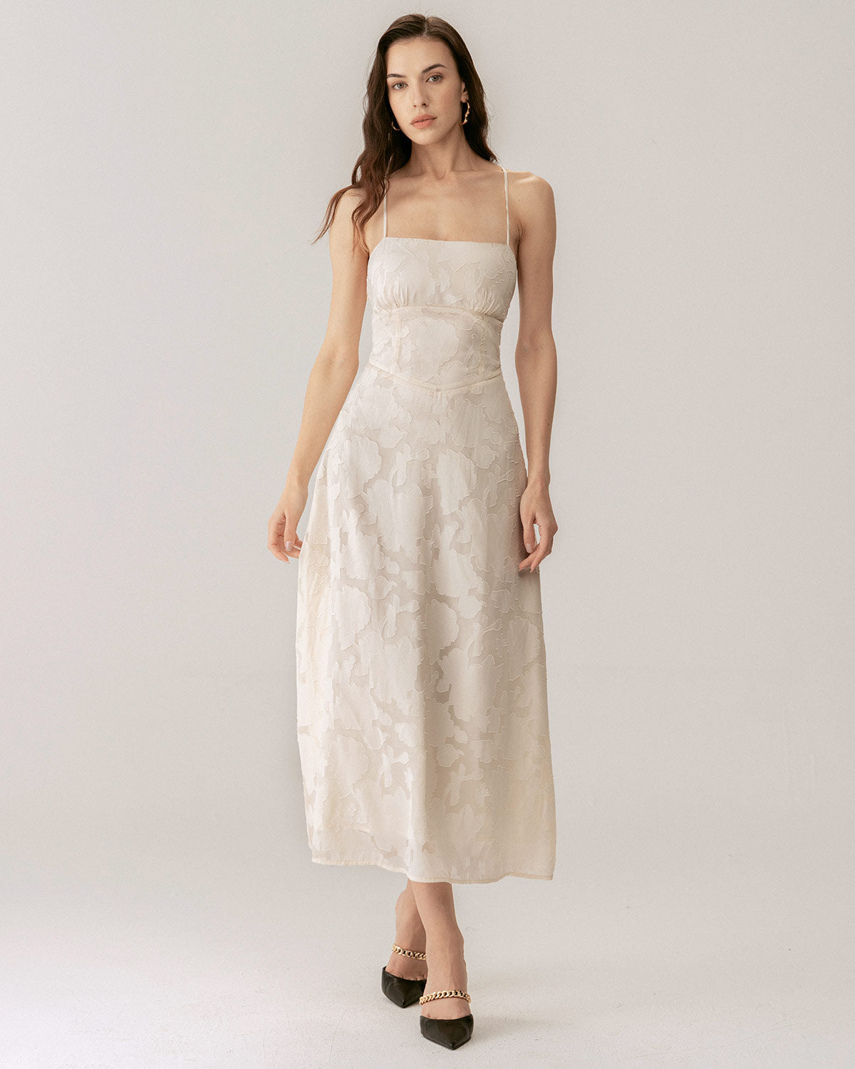 Apricot Jacquard Maxi Dress with Corset Slip