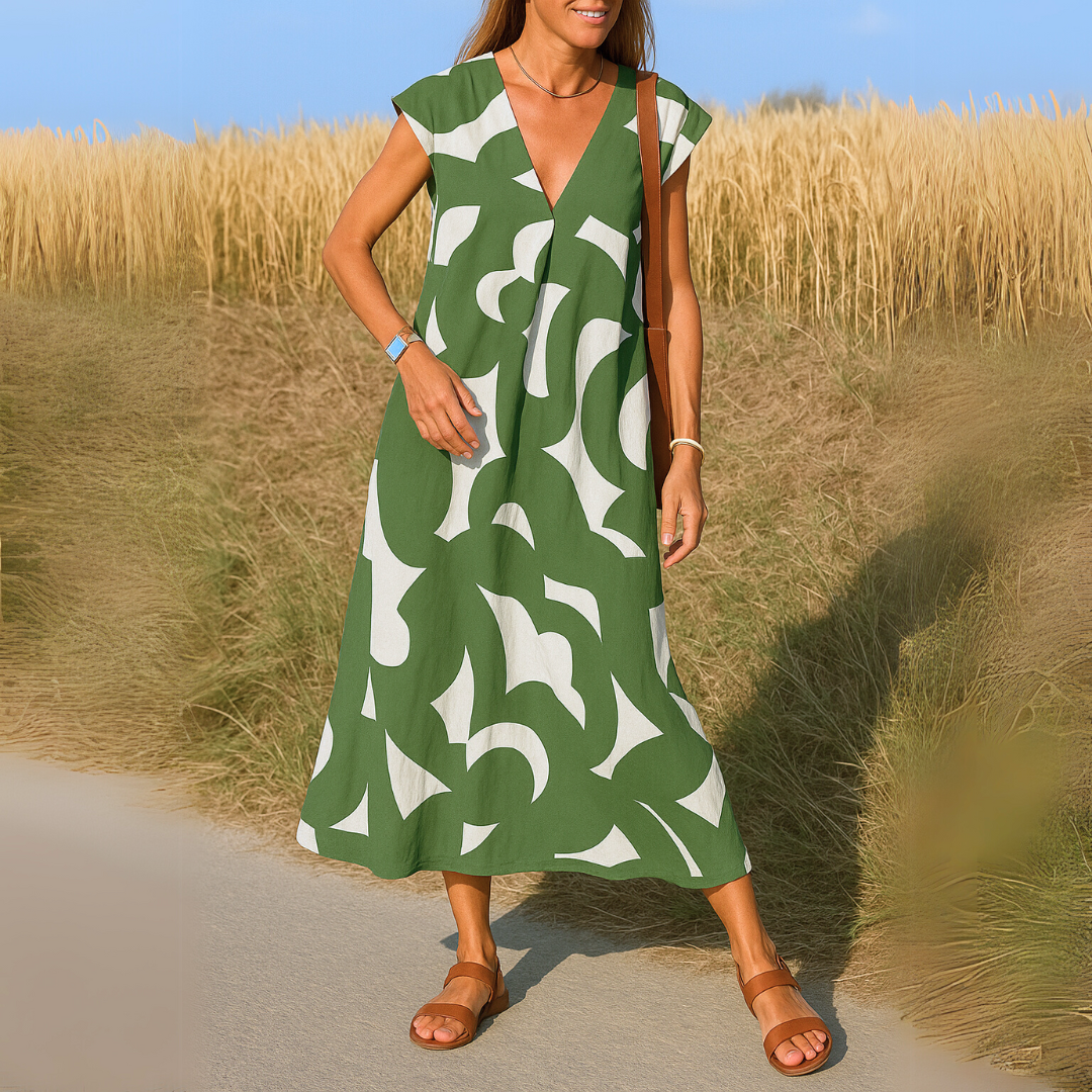 Women’s Black & White Abstract Print Maxi Dress – Flowy V-Neck Summer Dress