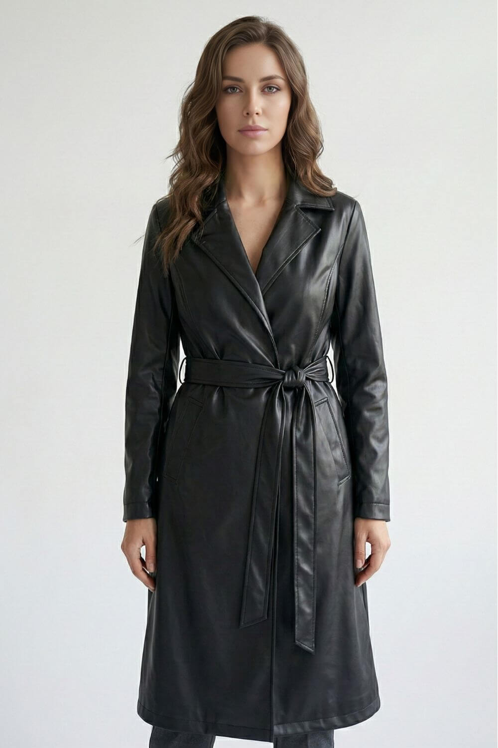 Norelle Co | Women’s Black Faux Leather Long Coat with Belt