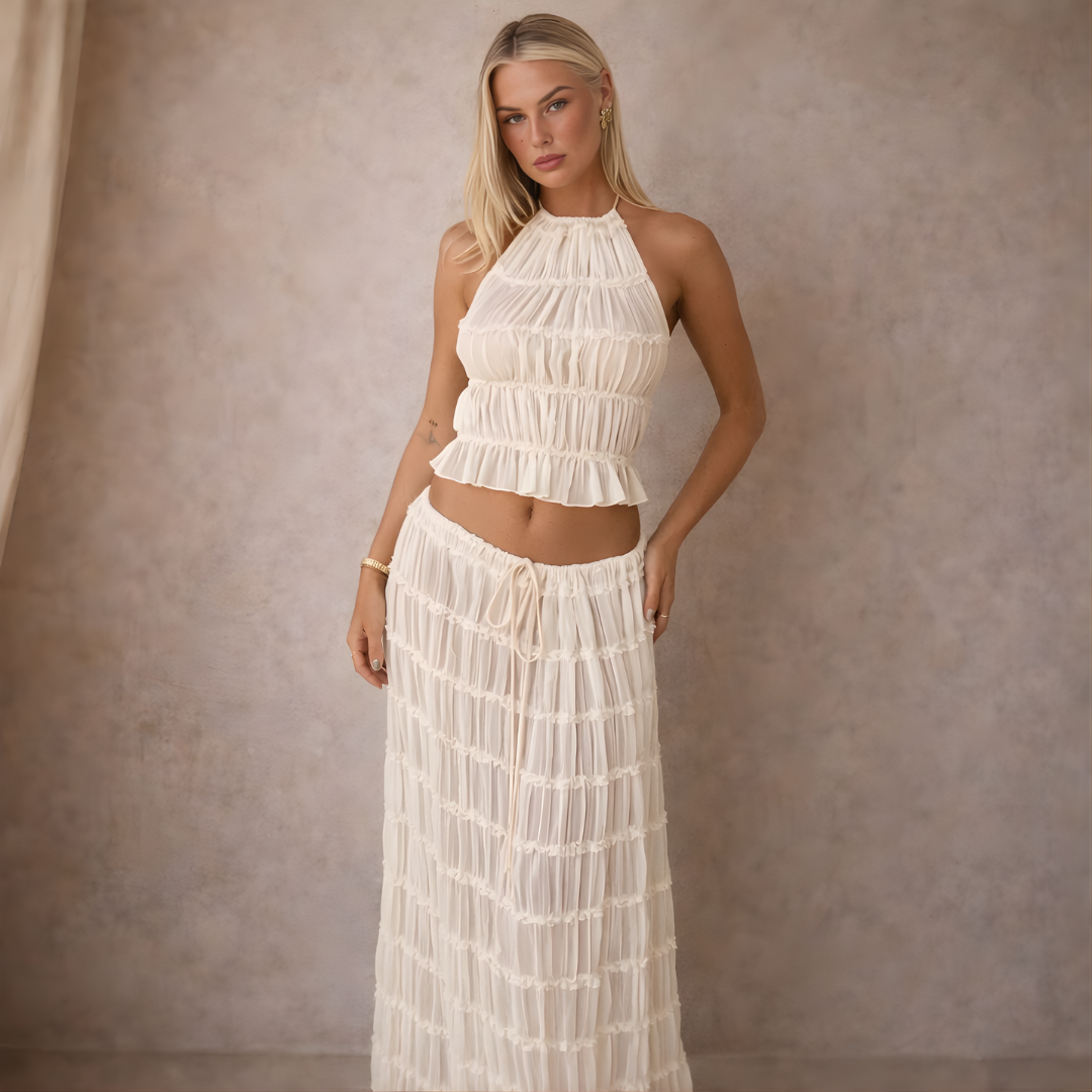 Women's Cream Halter Tiered Ruffle Summer Maxi Dress