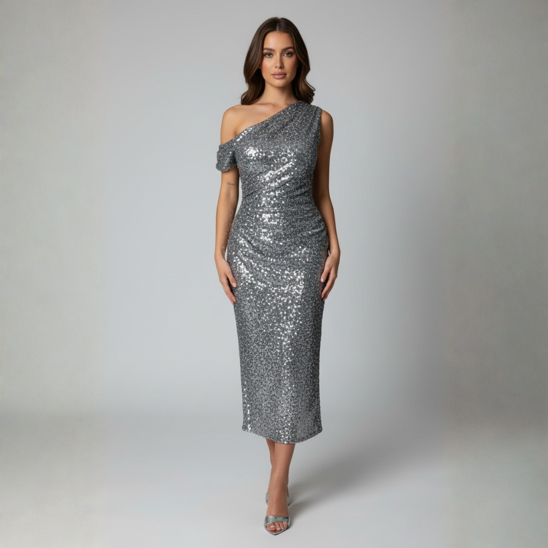 Norelle Co Women's Off-Shoulder Sequin Midi Dress – Elegant Wedding Guest & Cocktail Style