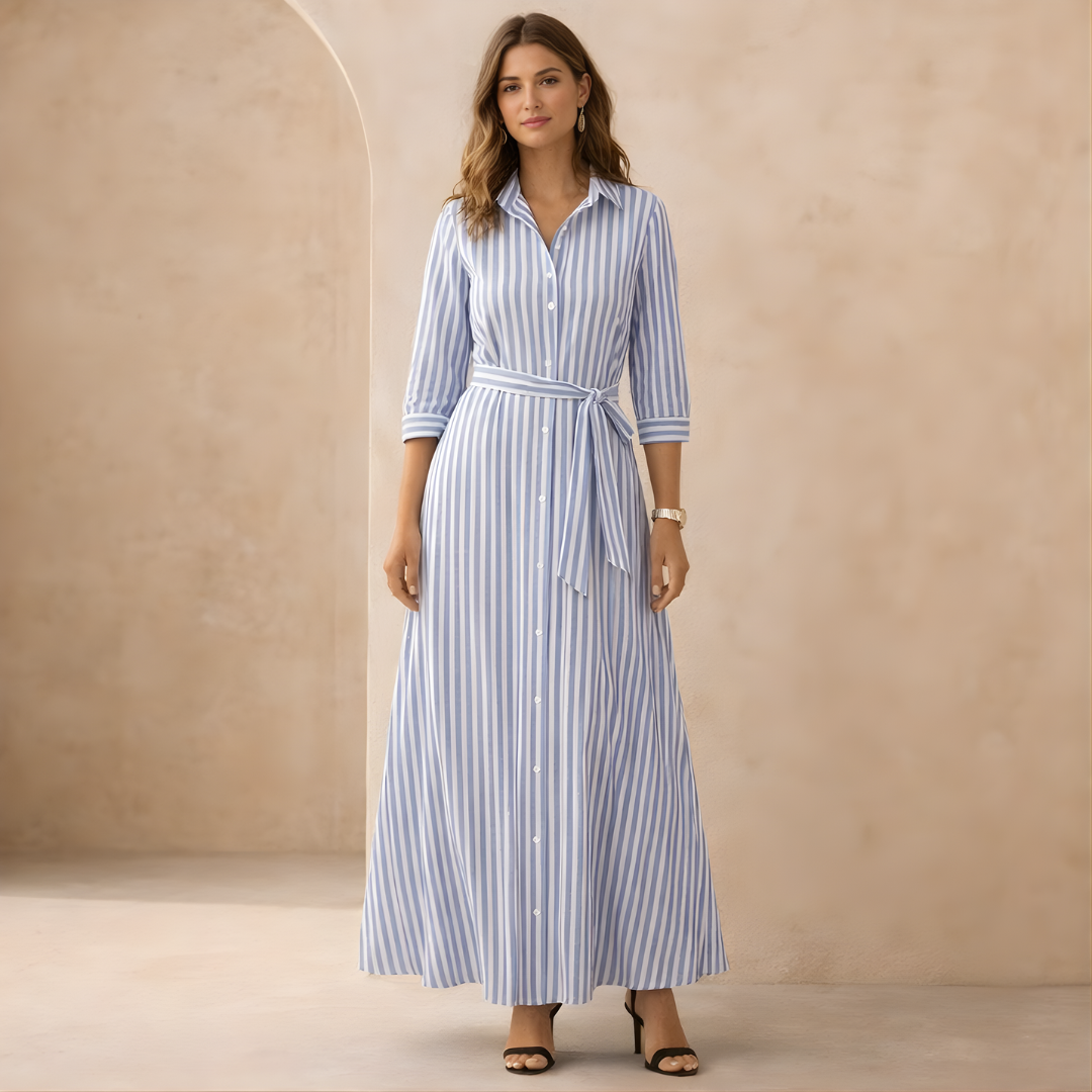 Women’s Striped Maxi Shirt Dress with Tie Waist