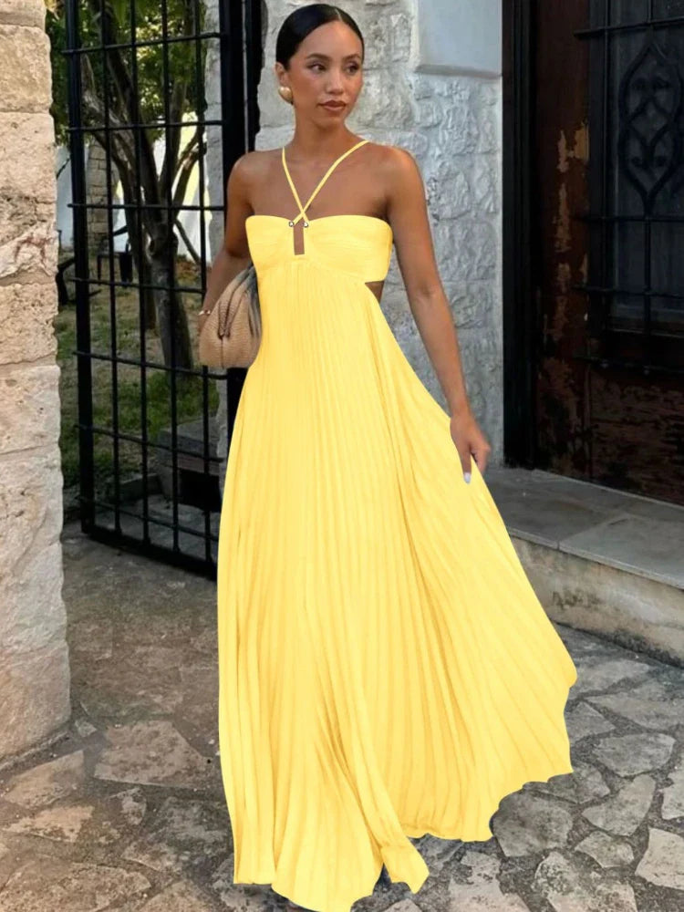 Pleated Halter Neck Maxi Dress with Open Back Detail