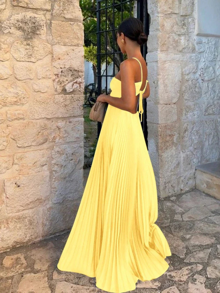 Pleated Halter Neck Maxi Dress with Open Back Detail