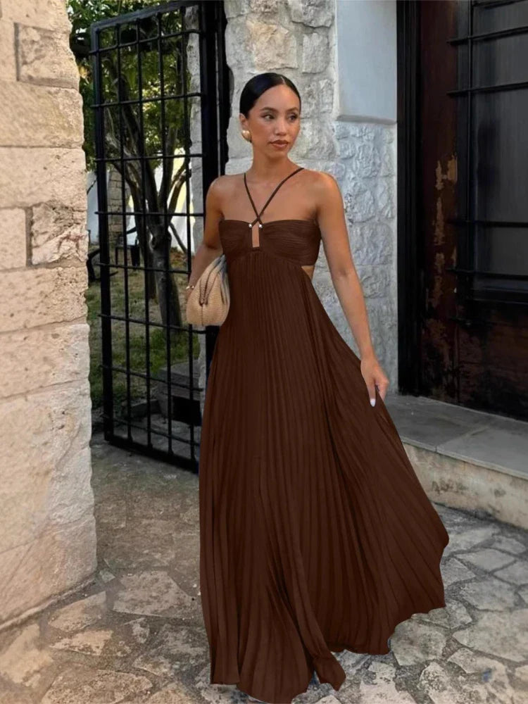 Pleated Halter Neck Maxi Dress with Open Back Detail