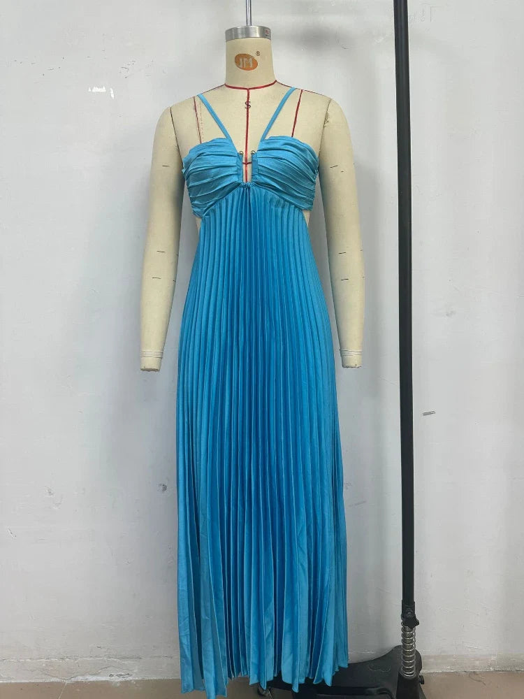 Pleated Halter Neck Maxi Dress with Open Back Detail