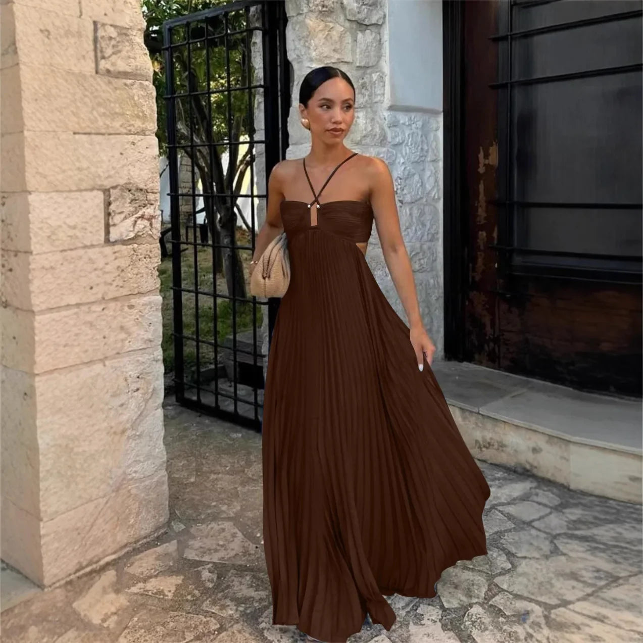 Pleated Halter Neck Maxi Dress with Open Back Detail