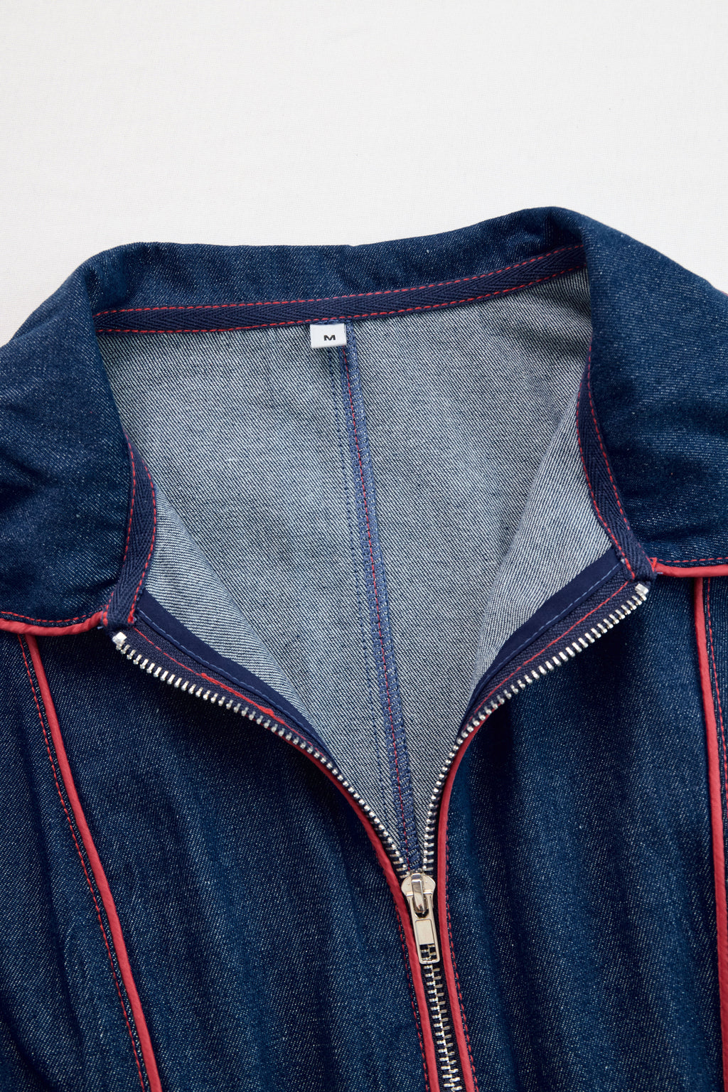 Casual Loose Retro Red Topstitched Denim Wide Leg Long Sleeve Jumpsuit