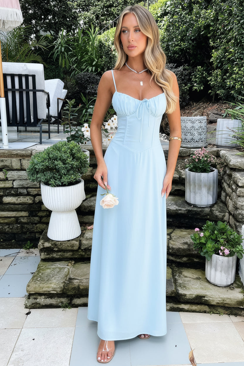 Women's Maxi Dress - Spaghetti Strap - Sweetheart Neck - Corset Bodice - Tie Front Detail
