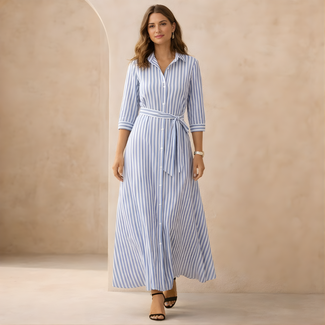 Women’s Striped Maxi Shirt Dress with Tie Waist