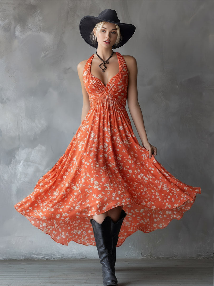 Retro Classic Floral Print Navy Blue Chiffon Sleeveless Maxi Dress