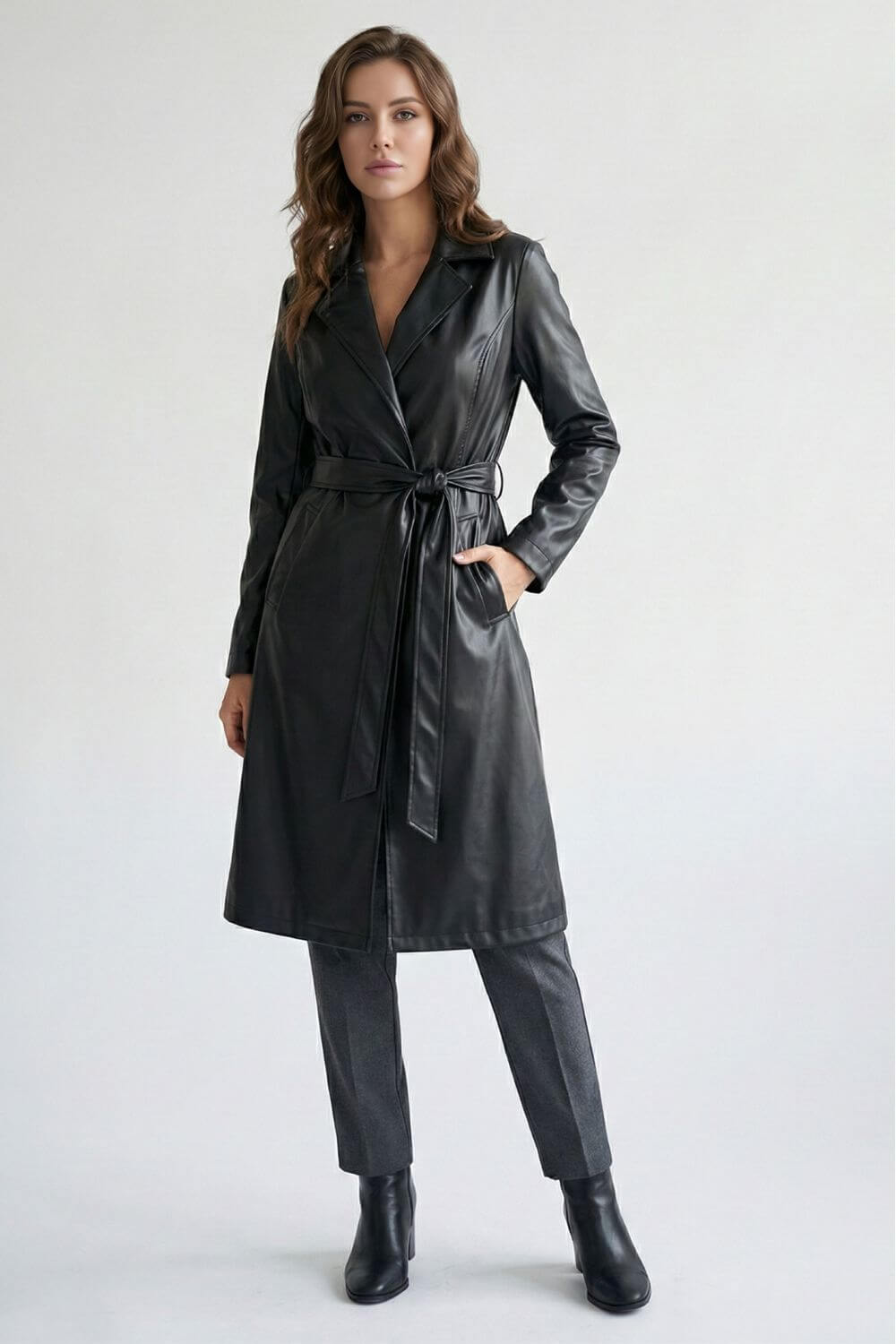Norelle Co | Women’s Black Faux Leather Long Coat with Belt