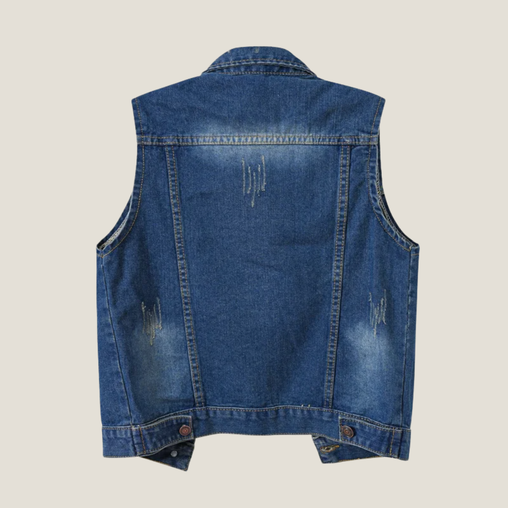 Women's Distressed Denim Waistcoat - Cropped Sleeveless Point Collar Vest with Button-Front