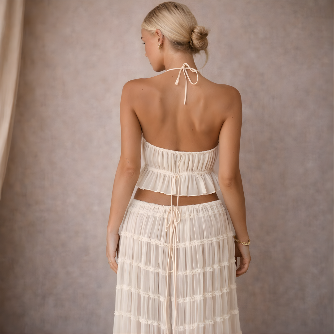 Women's Cream Halter Tiered Ruffle Summer Maxi Dress