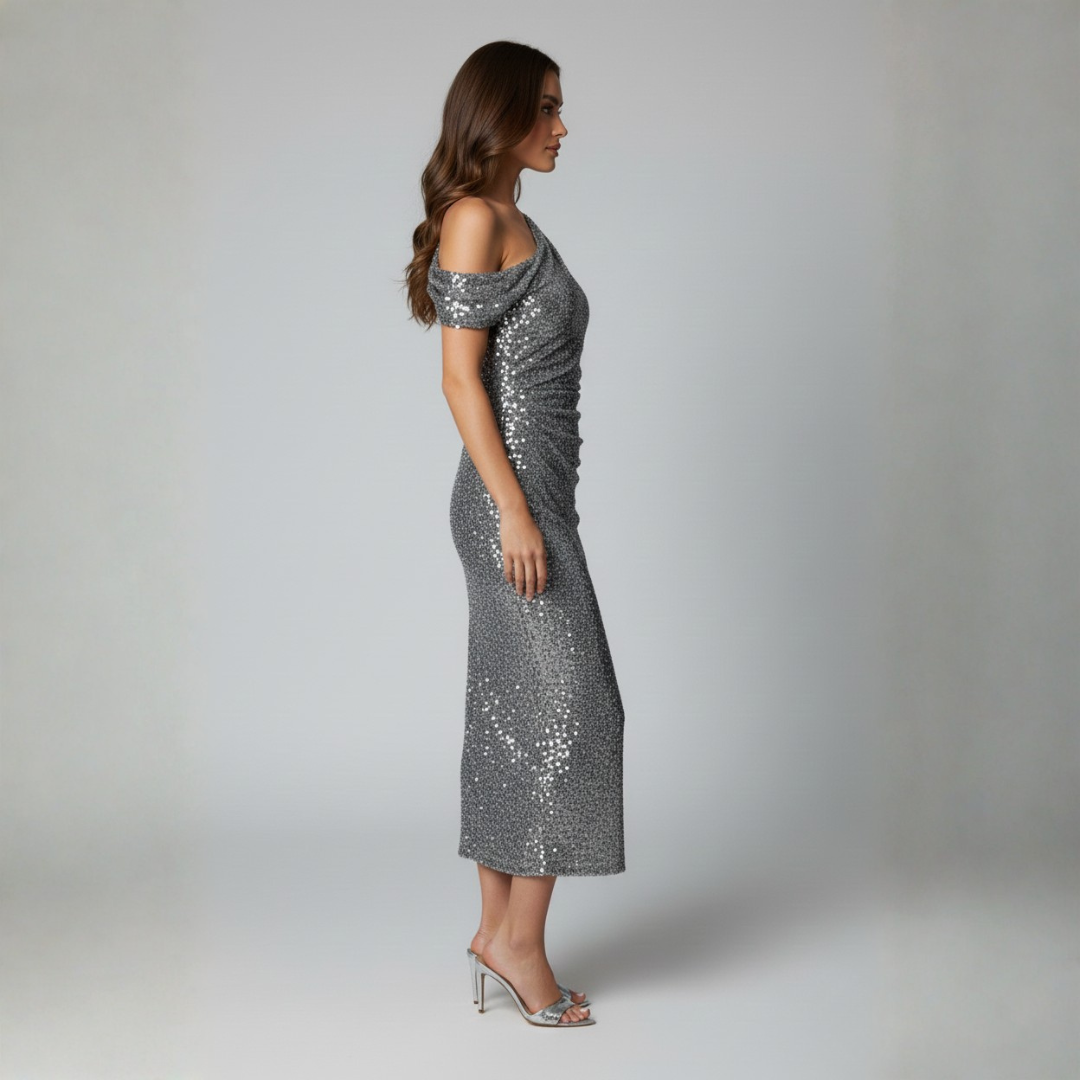 Norelle Co Women's Off-Shoulder Sequin Midi Dress – Elegant Wedding Guest & Cocktail Style