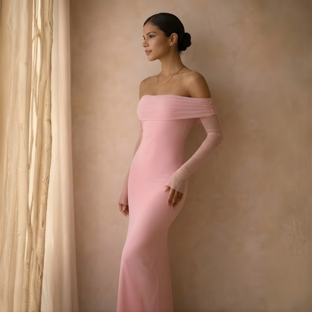 Women's Pink Bardot Off Shoulder Maxi Wedding Guest Dress