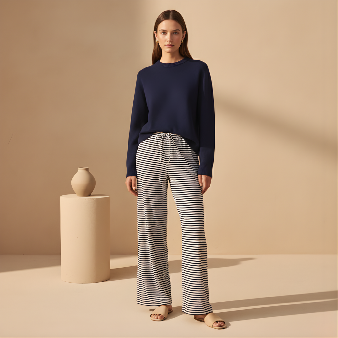 Women's Pants with Drawstring and Striped Print