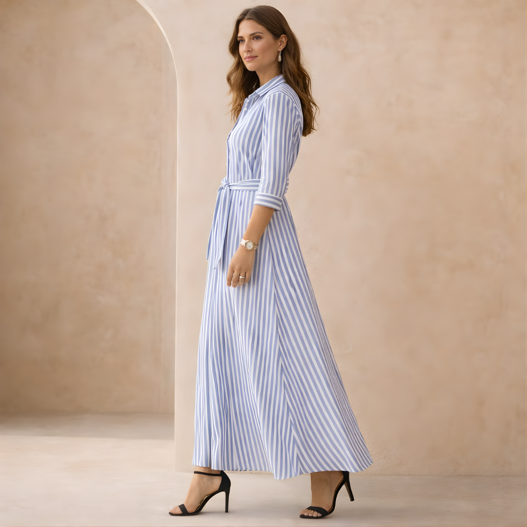 Women’s Striped Maxi Shirt Dress with Tie Waist