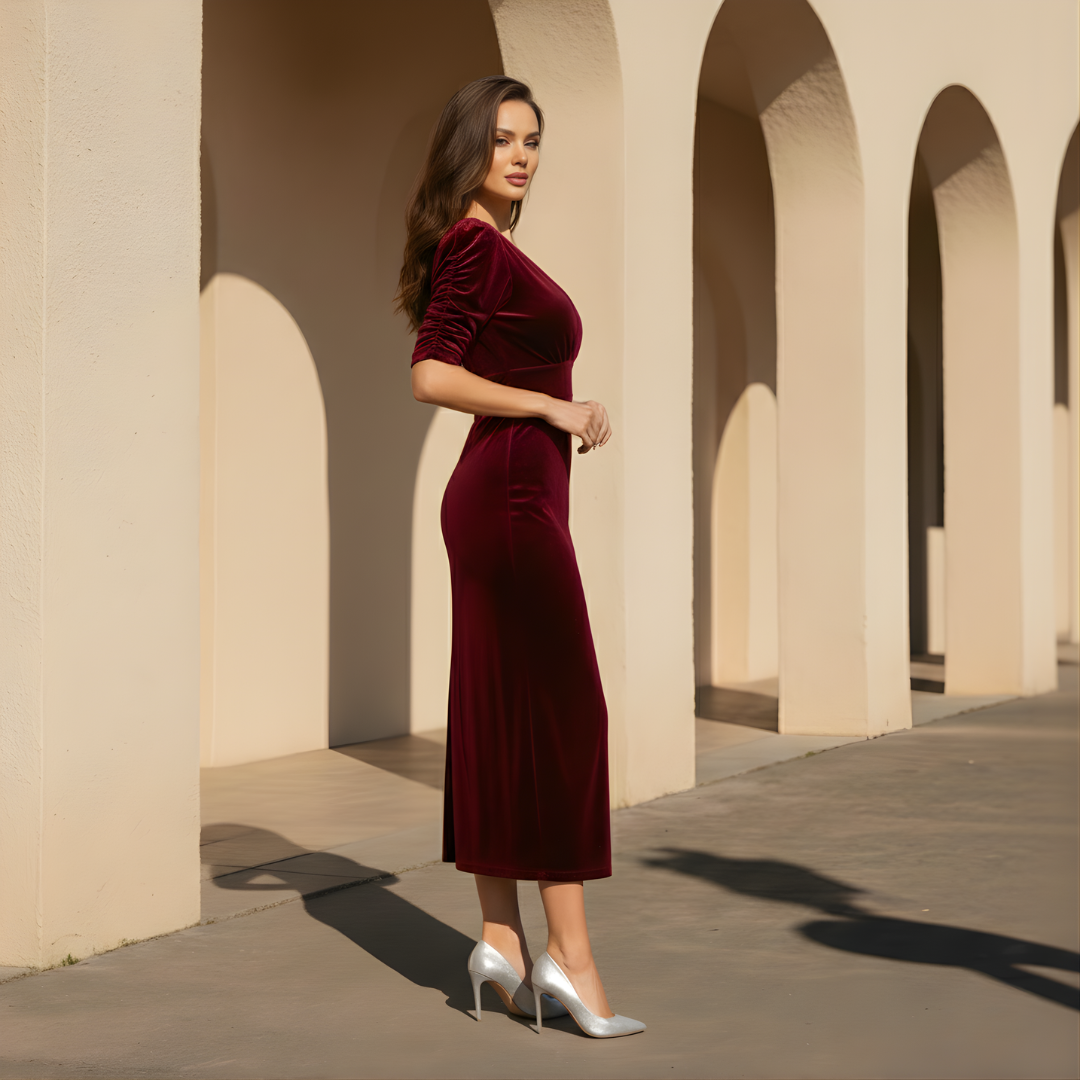Burgundy Velvet Midi Cocktail Dress