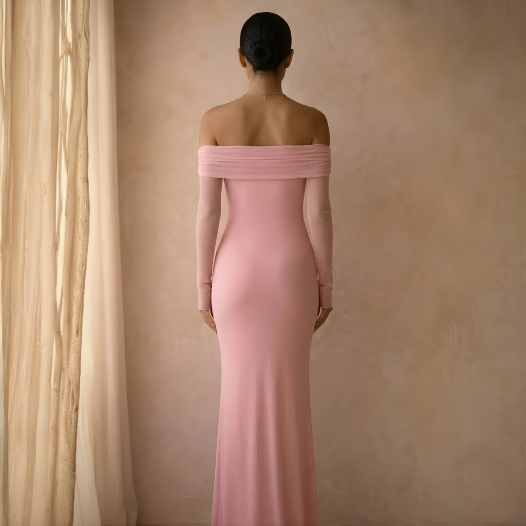 Women's Pink Bardot Off Shoulder Maxi Wedding Guest Dress