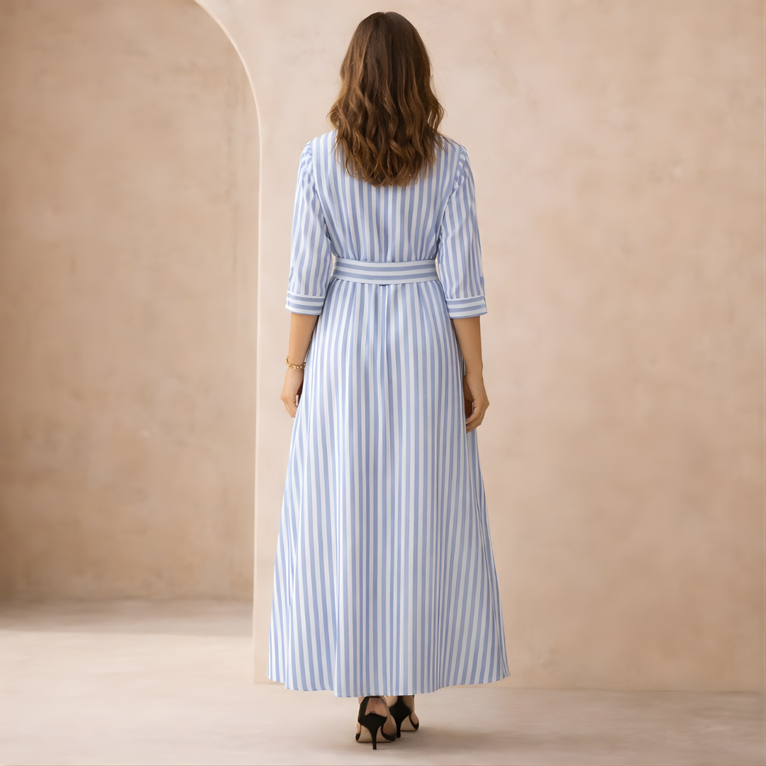 Women’s Striped Maxi Shirt Dress with Tie Waist