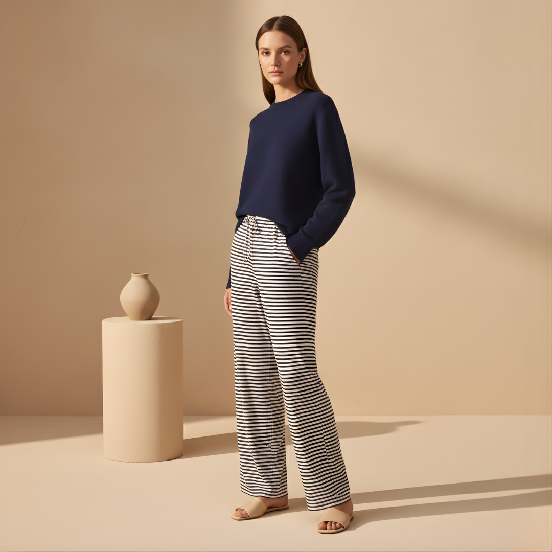 Women's Pants with Drawstring and Striped Print