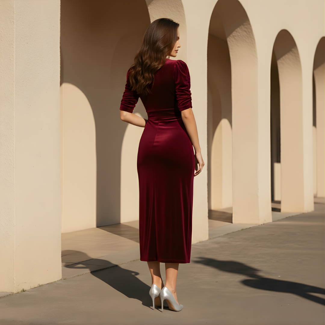 Burgundy Velvet Midi Cocktail Dress
