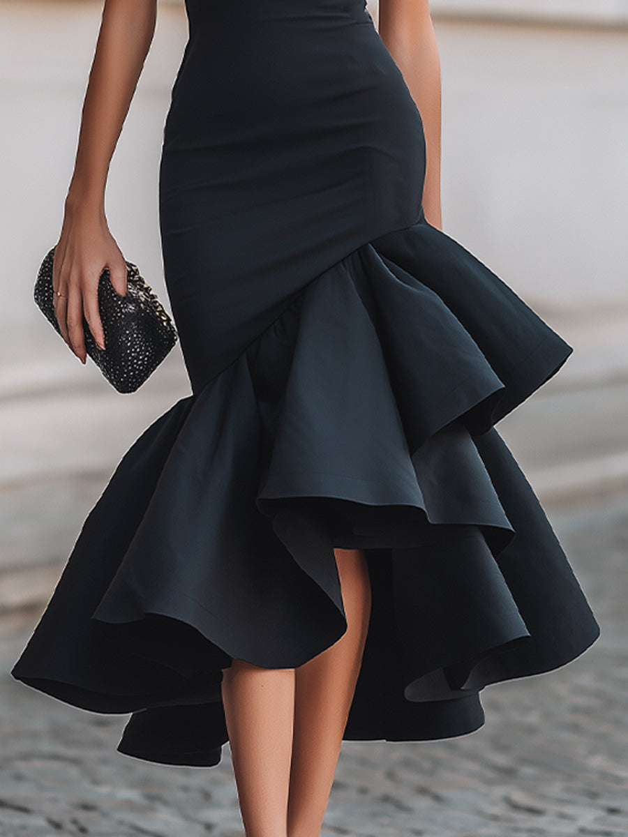 Asymmetric Ruffle Hem Midi Dress Women High Neck Short Sleeve