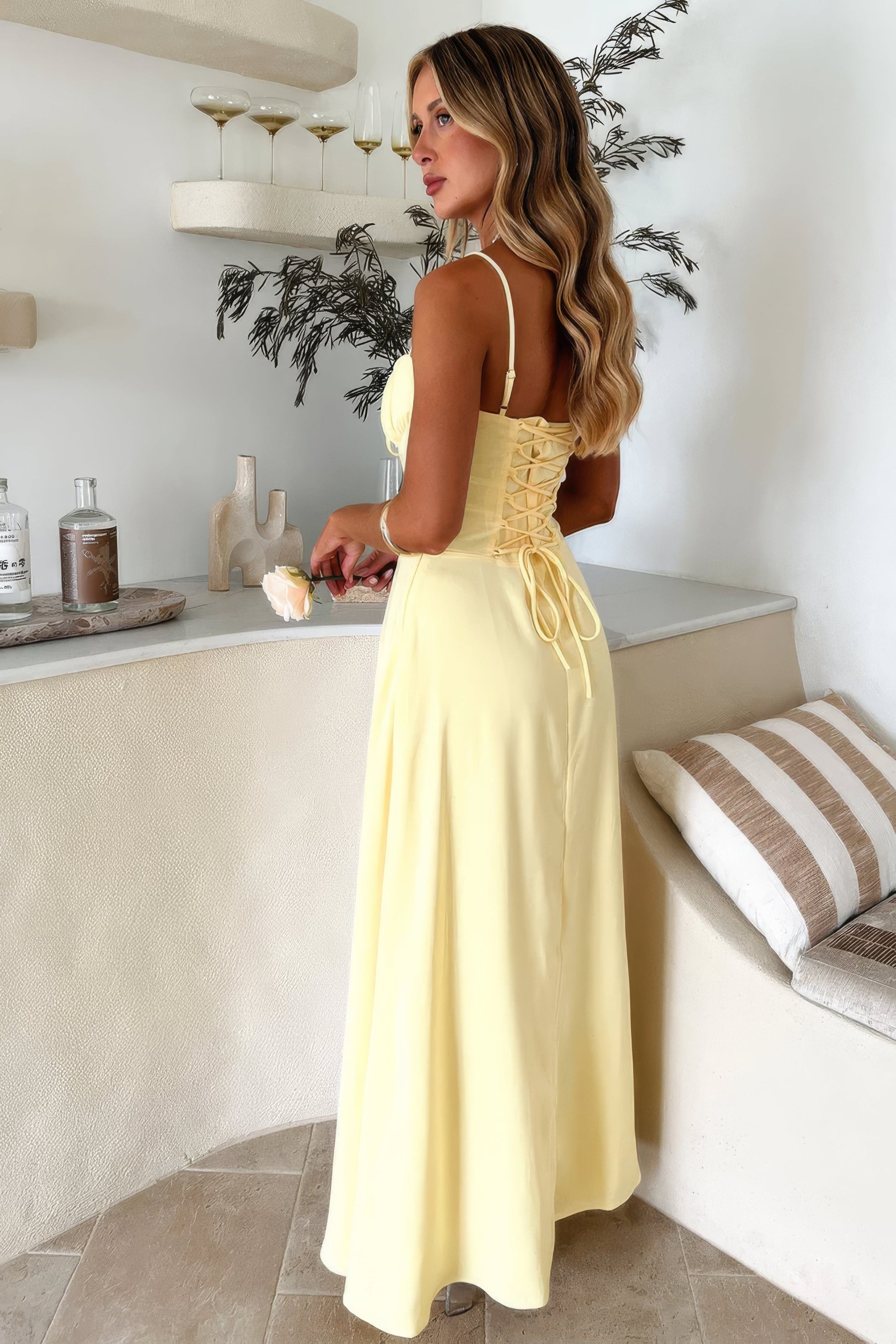 Women's Maxi Dress - Spaghetti Strap - Sweetheart Neck - Corset Bodice - Tie Front Detail