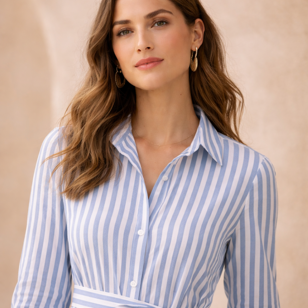 Women’s Striped Maxi Shirt Dress with Tie Waist