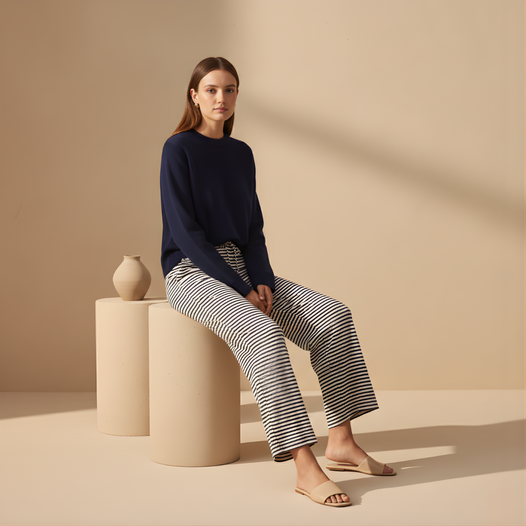 Women's Pants with Drawstring and Striped Print