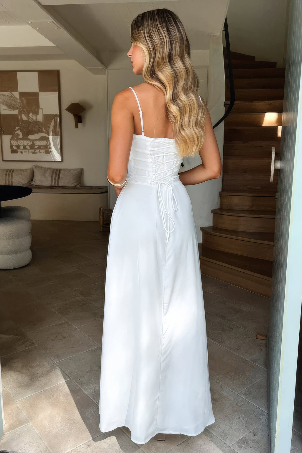 Women's Maxi Dress - Spaghetti Strap - Sweetheart Neck - Corset Bodice - Tie Front Detail