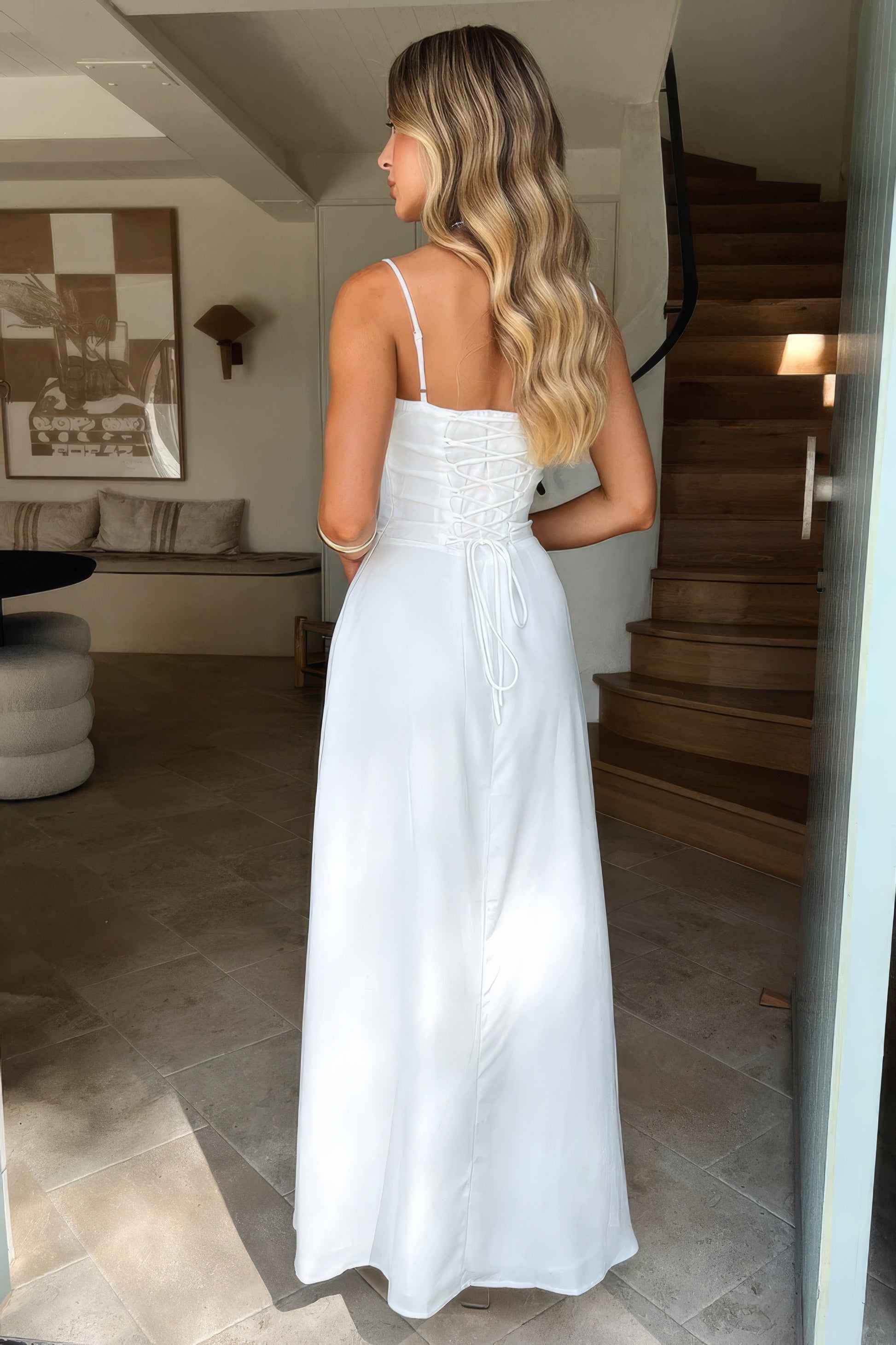 Women's Maxi Dress - Spaghetti Strap - Sweetheart Neck - Corset Bodice - Tie Front Detail