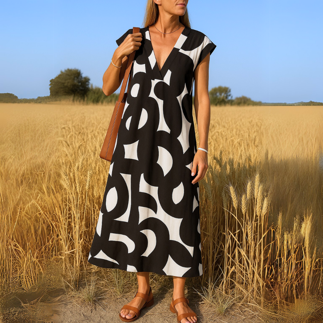 Women’s Black & White Abstract Print Maxi Dress – Flowy V-Neck Summer Dress
