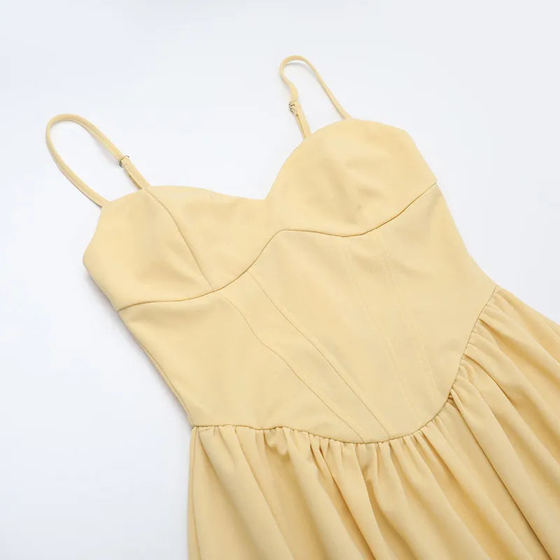 Women's Yellow A-Line Midi Dress - Structured Corset Bodice with Sweetheart Neckline and Side Pockets