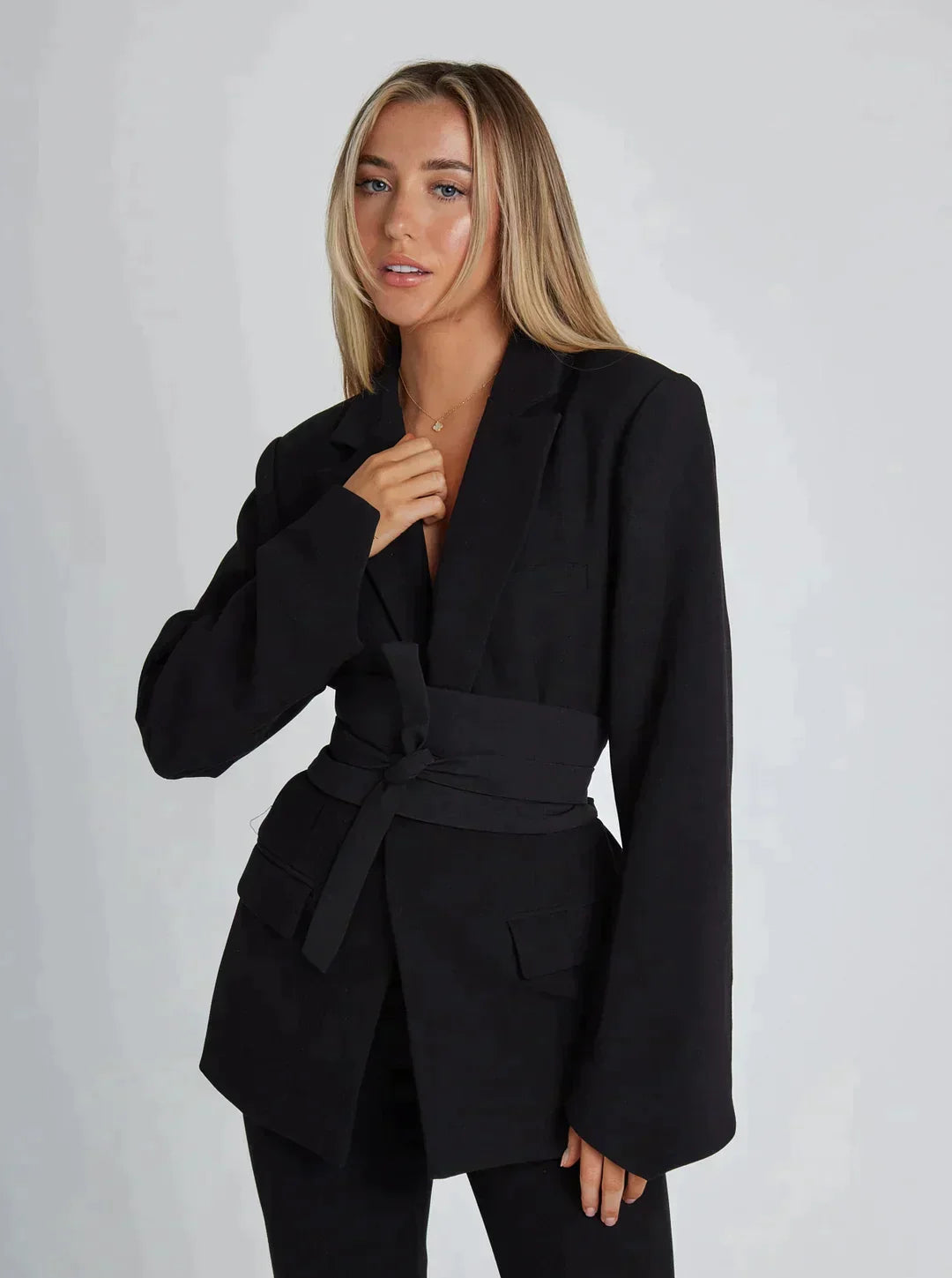 Women's Longline Coat - Notch Lapel - Self-Tie Wrap Belt - Flap Pockets - Long Sleeve