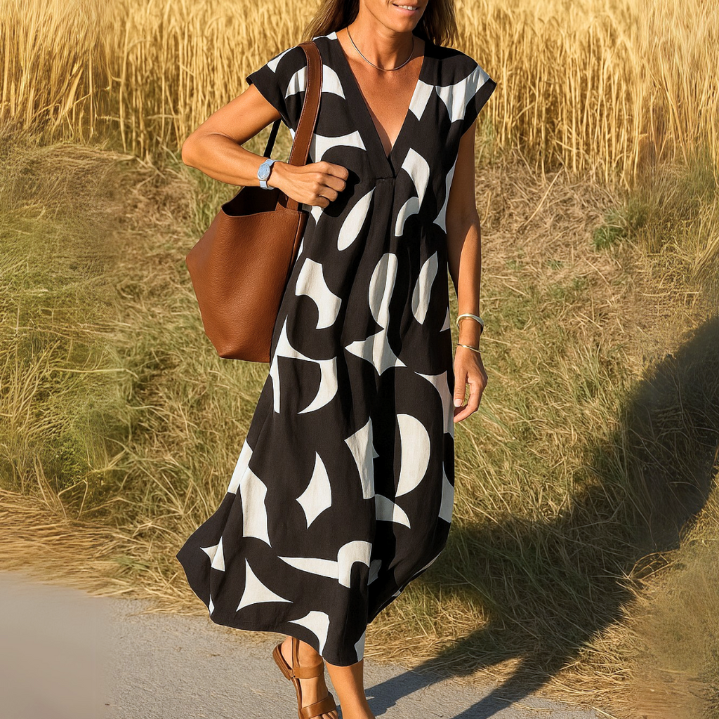 Women’s Black & White Abstract Print Maxi Dress – Flowy V-Neck Summer Dress