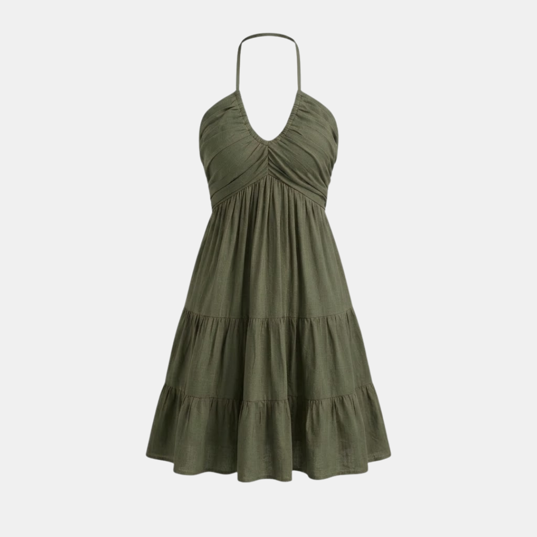 Women’s Ruched Halter Neck Tiered Ruffle Mini Dress