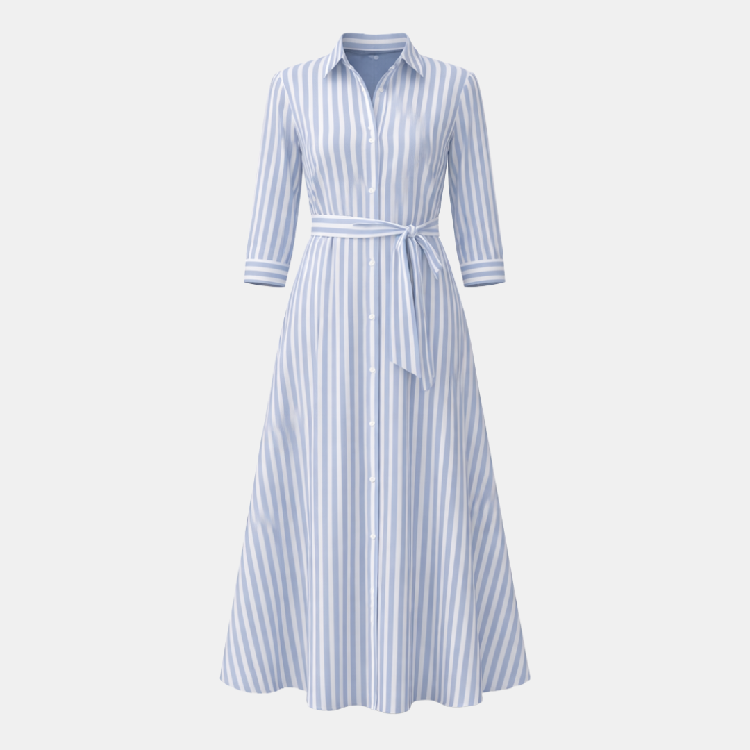 Women’s Striped Maxi Shirt Dress with Tie Waist