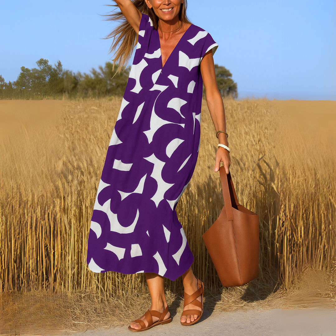 Women’s Black & White Abstract Print Maxi Dress – Flowy V-Neck Summer Dress