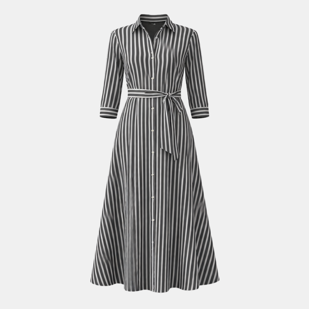 Women’s Striped Maxi Shirt Dress with Tie Waist