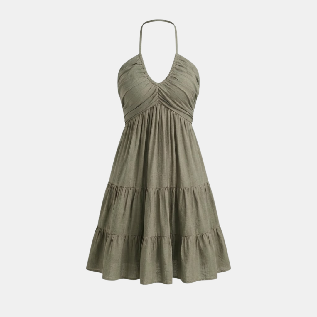 Women’s Ruched Halter Neck Tiered Ruffle Mini Dress