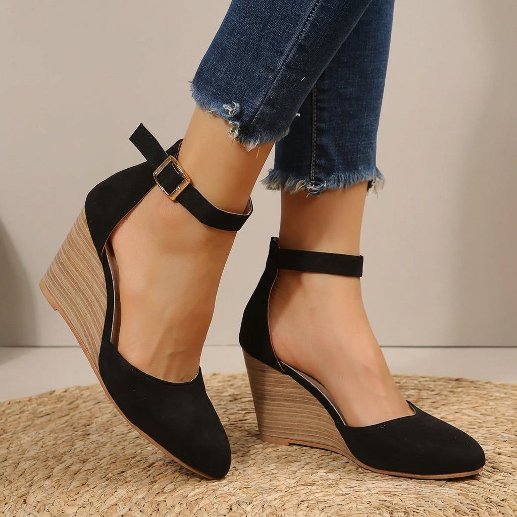 Women's Wedge Heels - Pointed Toe Ankle Strap Buckle Fastening