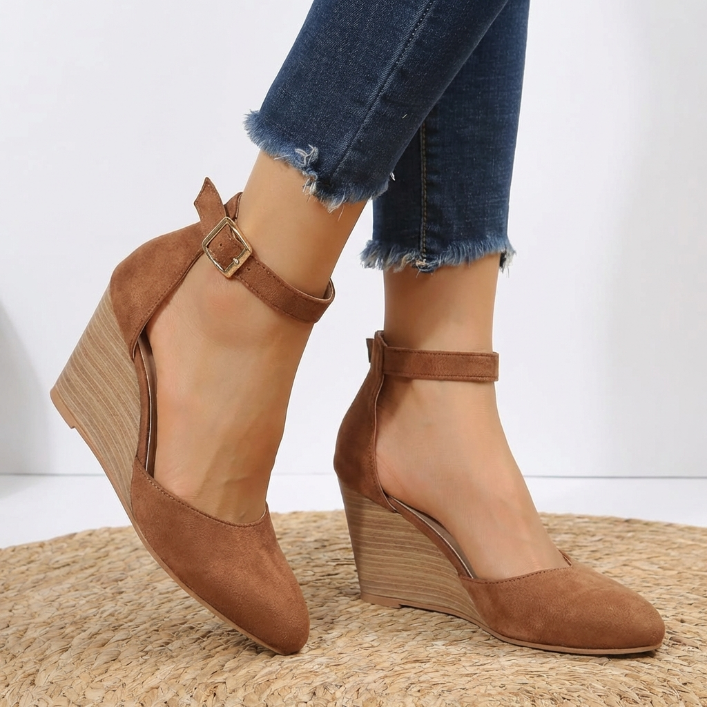 Women's Wedge Heels - Pointed Toe Ankle Strap Buckle Fastening