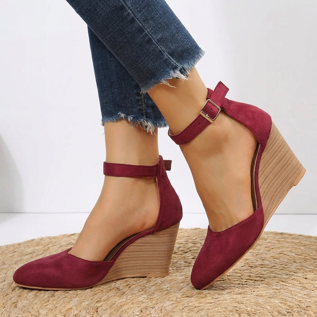 Women's Wedge Heels - Pointed Toe Ankle Strap Buckle Fastening