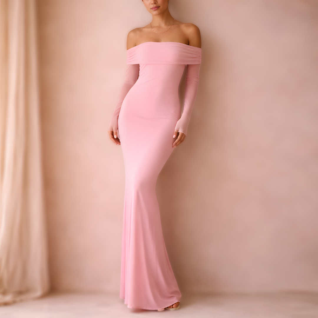 Women's Pink Bardot Off Shoulder Maxi Wedding Guest Dress
