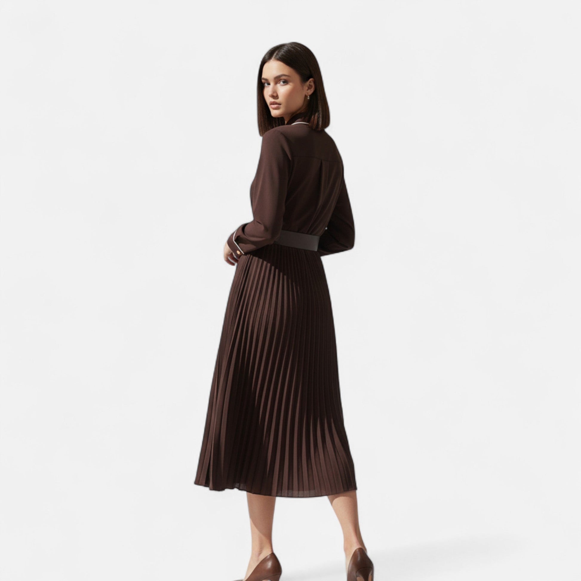 Women’s Chiffon Midi Dress – Turn-Down Collar Elegance - Sofia Maris
